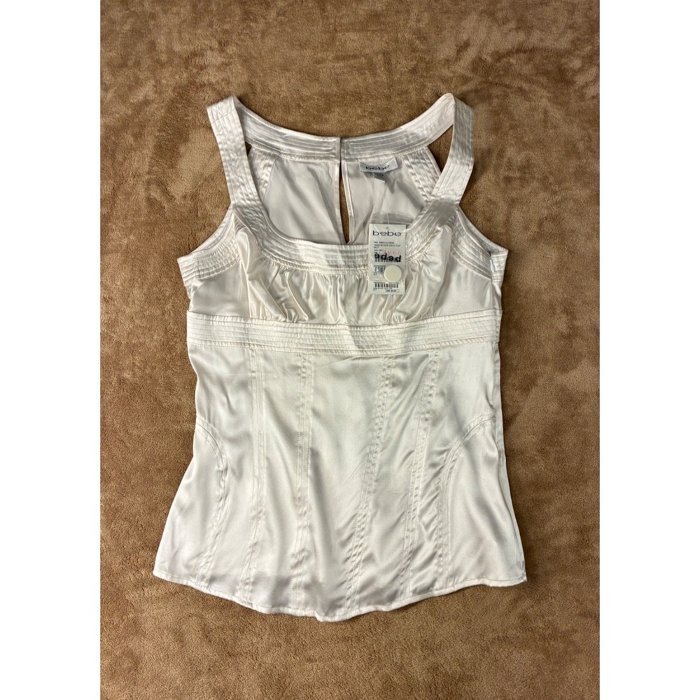 VTG Bebe Womens Top White Large Blouse 19MM Scoop Neck Y2K Baddie Dead Stock